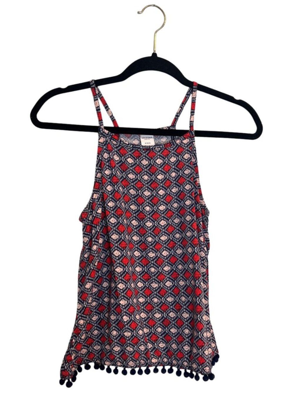 Arizona Jean Co Geometric Halter Tank Top Pom Pom Fringe Hem M 10-12